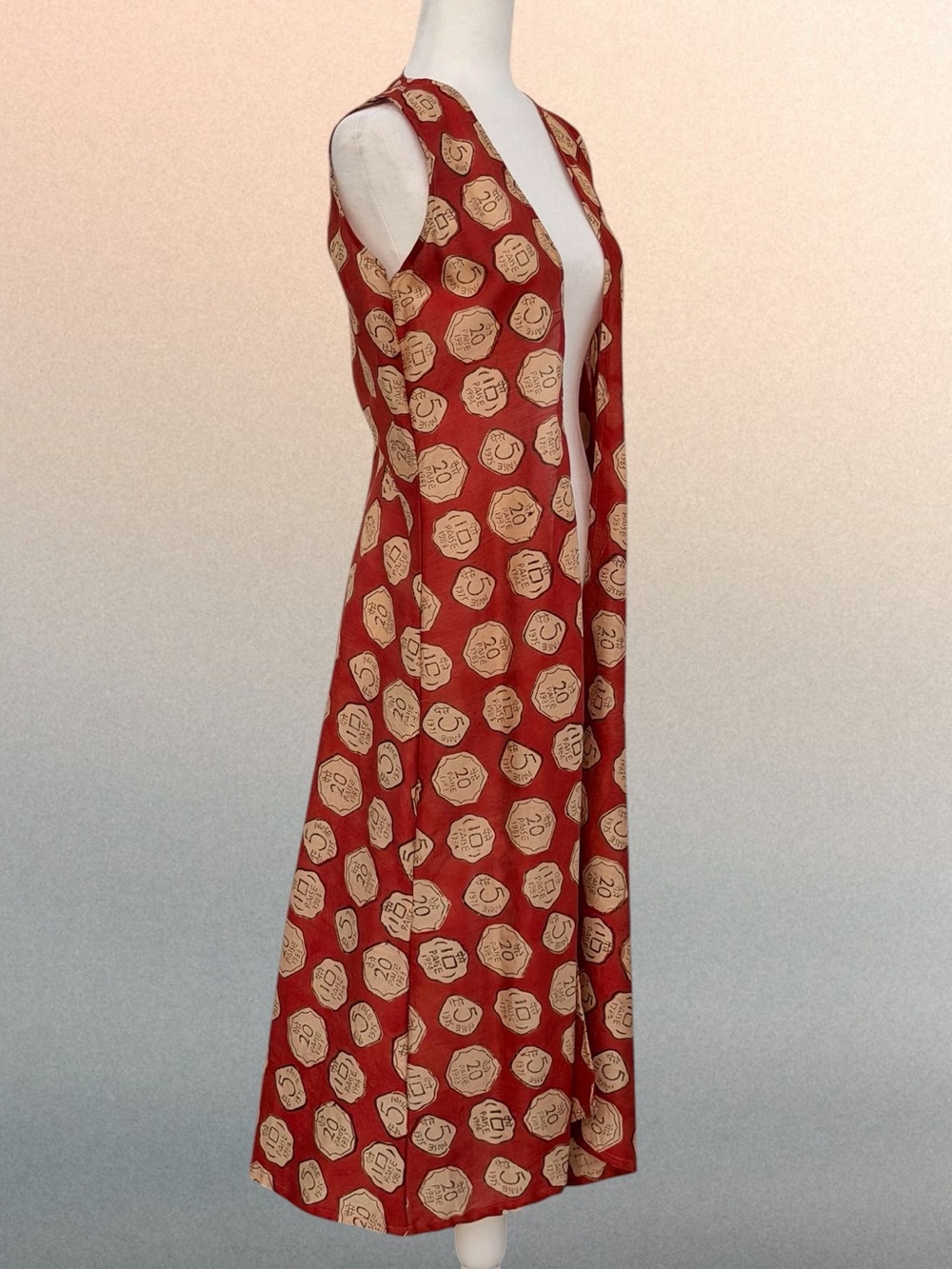 Paise Coin Print Rusty Red Sleeveless Cotton Duster Vest Kimono ~ Women’s Large